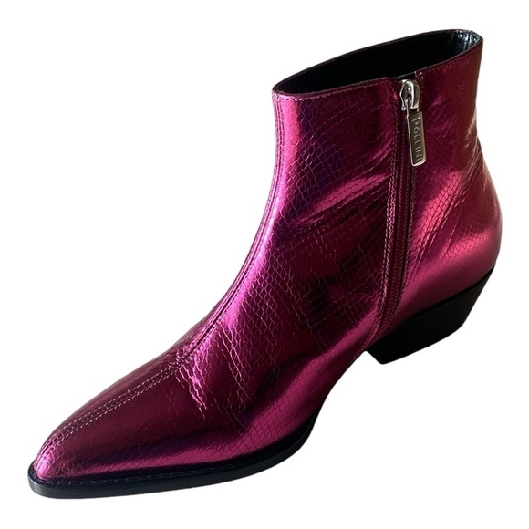 POLLINI Leather Metallic Cowboy Boot Pointed Toe Fuchsia Size 39 IT = 7.5 US - Picture 3 of 16